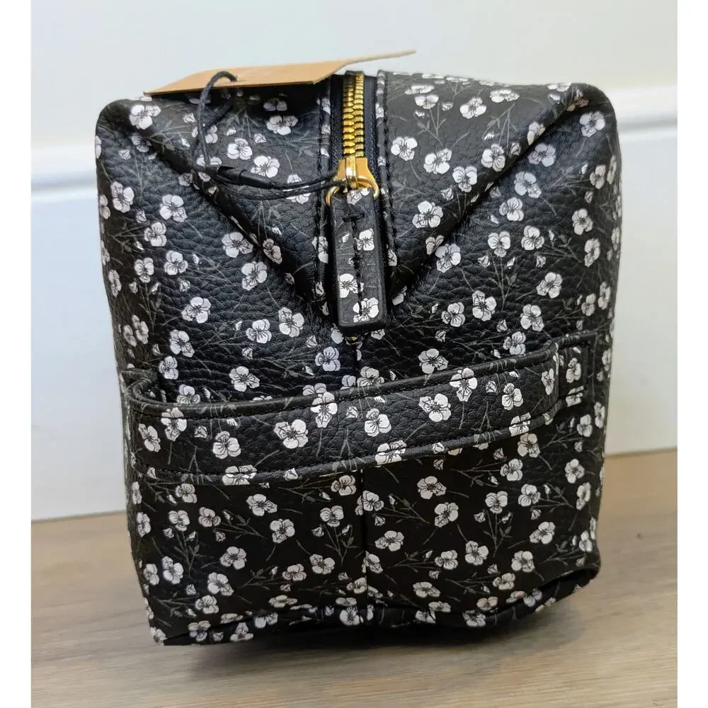 Steve Madden Large Cosmetic Bag Black White Mini Floral Coated Quilted Lined NEW